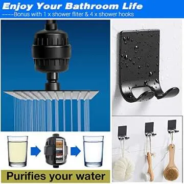 UPGRADED 10" Black Shower Head with Handheld Spray Waterfall Showerhead High Pressure Detachable Shower Head with Hose & 12" Shower Head Extension Arm Free Shower Head Filter for Hard Water + 4 Hooks