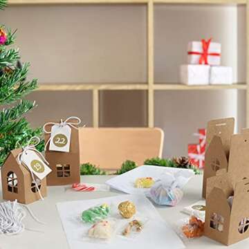 GWHOLE 24Pcs Empty Advent Calendar to Fill, Paper House Shaped Gift Boxes with 1-24 Number Tags Countdown to Christmas 2024, Christmas Treat Boxes for Xmas Decoration Party Favors