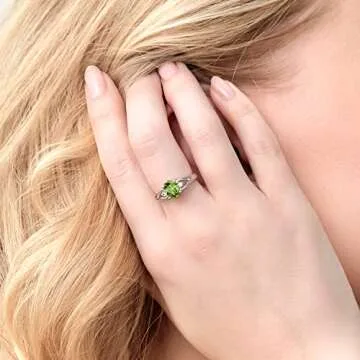 Gem Stone King 925 Sterling Silver Green Peridot and White Topaz 3 Stone Ring For Women | 1.50 Cttw | Gemstone Birthstone | Oval 8X6MM | Available In Size 5,6,7,8,9