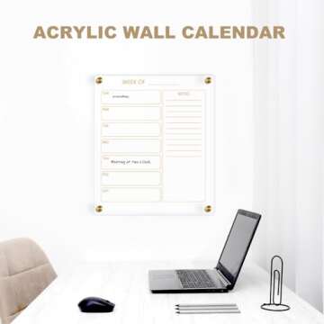 AMUSIGHT Small Acrylic Calendar for Wall, 12" X 14" Golden Clear Acrylic Wall Calendar, Clear Wet & Dry Erase Calendar Hanging Frameless Weekly Planner for Office, Home or School, 2 Markers