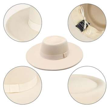 Wide Brim Panama Fedora Hat - Warm Felt Flat Top Pork Pie Cap for Women Men (Size:M/L) (US, Alpha, Medium, Large, Beige)