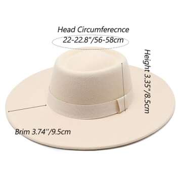 Wide Brim Panama Fedora Hat - Warm Felt Flat Top Pork Pie Cap for Women Men (Size:M/L) (US, Alpha, Medium, Large, Beige)