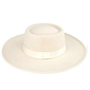 Wide Brim Panama Fedora Hat - Warm Felt Flat Top Pork Pie Cap for Women Men (Size:M/L) (US, Alpha, Medium, Large, Beige)