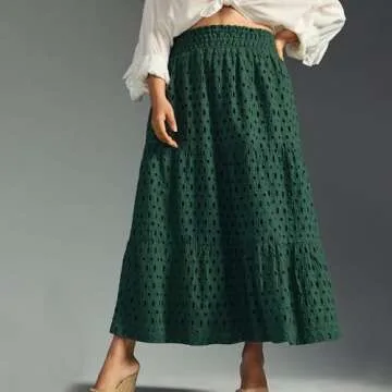 Women's Casual Maxi Skirt Elastic High Waist Tiered Summer Long Maxi Skirt (US, Alpha, Medium, Regular, Regular, Dark Green)