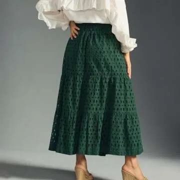 Women's Casual Maxi Skirt Elastic High Waist Tiered Summer Long Maxi Skirt (US, Alpha, Medium, Regular, Regular, Dark Green)