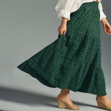 Women's Casual Maxi Skirt Elastic High Waist Tiered Summer Long Maxi Skirt (US, Alpha, Medium, Regular, Regular, Dark Green)