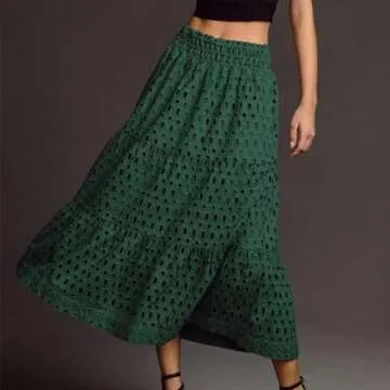 Women's Casual Maxi Skirt Elastic High Waist Tiered Summer Long Maxi Skirt (US, Alpha, Medium, Regular, Regular, Dark Green)