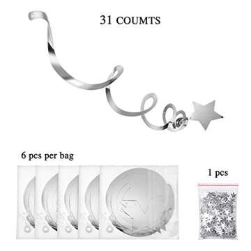 Konsait Hanging Swirl Silver Decorations(30 Counts) Silver Star Table Confetti(15 Gram), Silver Hang...