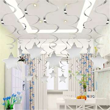 Konsait Hanging Swirl Silver Decorations(30 Counts) Silver Star Table Confetti(15 Gram), Silver Hanging Party Supplies for Wedding Shower Birthday Party Table Decor Twinkle Twinkle Baby Shower