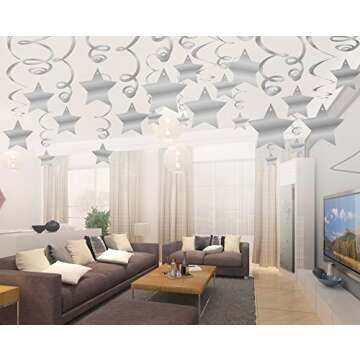 Konsait Hanging Swirl Silver Decorations(30 Counts) Silver Star Table Confetti(15 Gram), Silver Hanging Party Supplies for Wedding Shower Birthday Party Table Decor Twinkle Twinkle Baby Shower