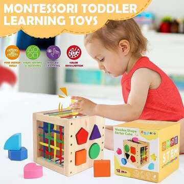 Aigybobo Montessori Toys for 1 Year Old, Wooden Shape Sorter Cube Bin, Baby Sensory Toys 12 Months+, Learning Education Preschool Fine Motor Skills Game, Birthday Gifts Toddler Boy Girl Age 1,2,3