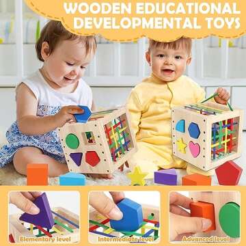 Aigybobo Montessori Toys for 1 Year Old, Wooden Shape Sorter Cube Bin, Baby Sensory Toys 12 Months+, Learning Education Preschool Fine Motor Skills Game, Birthday Gifts Toddler Boy Girl Age 1,2,3