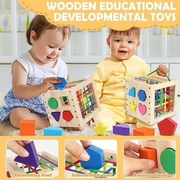 Aigybobo Montessori Toys for 1 Year Old, Wooden Shape Sorter Cube Bin, Baby Sensory Toys 12 Months+, Learning Education Preschool Fine Motor Skills Game, Birthday Gifts Toddler Boy Girl Age 1,2,3