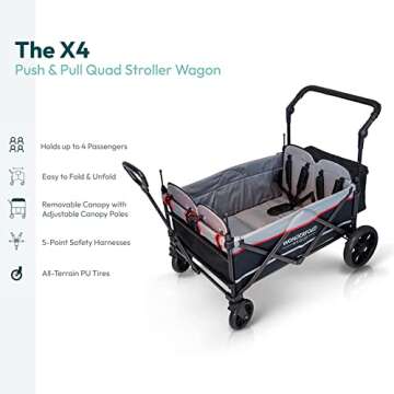 WONDERFOLD X4 Multi-Function Pull & Push 4 Passenger Quad Stroller Wagon with Removable Canopy, 5-Point Harness, and Reflective Safety Strip (Black, 4 Seats)