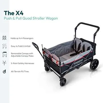 WONDERFOLD X4 Multi-Function Pull & Push 4 Passenger Quad Stroller Wagon with Removable Canopy, 5-Point Harness, and Reflective Safety Strip (Black, 4 Seats)