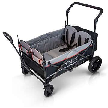 WONDERFOLD X4 Multi-Function Pull & Push 4 Passenger Quad Stroller Wagon with Removable Canopy, 5-Point Harness, and Reflective Safety Strip (Black, 4 Seats)