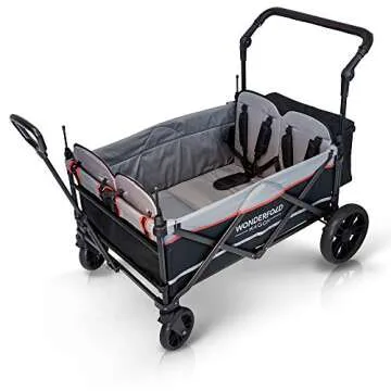 WONDERFOLD X4 Multi-Function Pull & Push 4 Passenger Quad Stroller Wagon with Removable Canopy, 5-Point Harness, and Reflective Safety Strip (Black, 4 Seats)