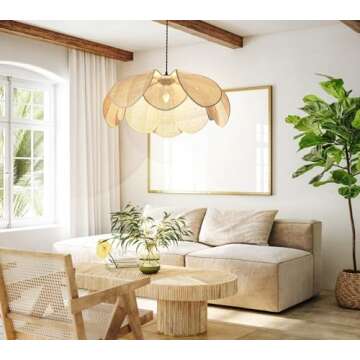 LMLAITE Boho Chandelier, Rustic Hemp Rope Pendant Light Hand-Woven Rattan Cage Basket Hanging Lamp W...
