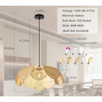 LMLAITE Boho Chandelier, Rustic Hemp Rope Pendant Light Hand-Woven Rattan Cage Basket Hanging Lamp Wicker Coastal Retro Light Fixtures for Hallway Entryway Kitchen Island Dining Room Bedroom UL Listed