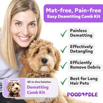 Poodoodle Pain-Free Dematting Comb Kit for Dogs & Cats, Dematting Rake & Detangling Dual-Side Comb S...
