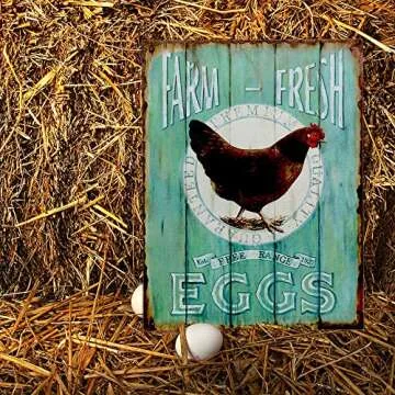 Barnyard Designs Retro Vintage Metal Tin Bar Sign, Decorative Wall Art Signage, Primitive Farmhouse Country Kitchen Home Décor (Eggs Hen)