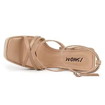 ISNOM Platform Heels for Women Nude Heels for Women Chunky Platform Heels Nude Chunky Heels for Women Nude Strappy Heels High Heels Block Heel Sandals for Women Square Toe Heels for Women