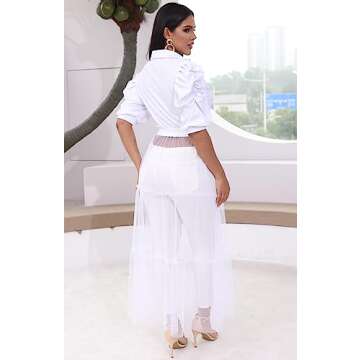 Ekaliy Women Sexy Short Sleeve Bodycon High Low Asymmetrical Ruffle Tunics Blouse Shirt Top Dress XL White