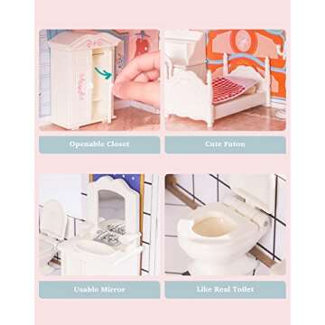 ROBOTIME Doll House Wooden Dollhouse for Kids 3 4 5 6 Years Old, Doll House w/28PCS Furniture Plastic, for 3.3”Dolls, Birthday Presents for Toddler 3+