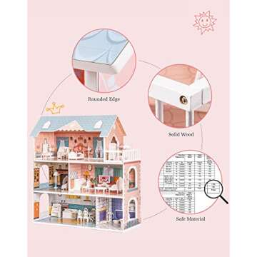 ROBOTIME Doll House Wooden Dollhouse for Kids 3 4 5 6 Years Old, Doll House w/28PCS Furniture Plastic, for 3.3”Dolls, Birthday Presents for Toddler 3+