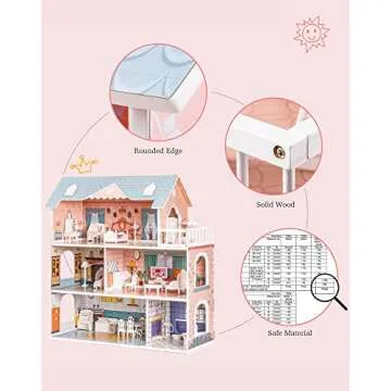 ROBOTIME Doll House Wooden Dollhouse for Kids 3 4 5 6 Years Old, Doll House w/28PCS Furniture Plastic, for 3.3”Dolls, Birthday Presents for Toddler 3+