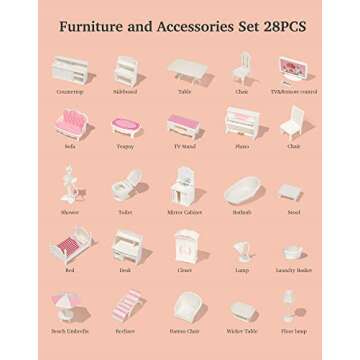 ROBOTIME Doll House Wooden Dollhouse for Kids 3 4 5 6 Years Old, Doll House w/28PCS Furniture Plastic, for 3.3”Dolls, Birthday Presents for Toddler 3+