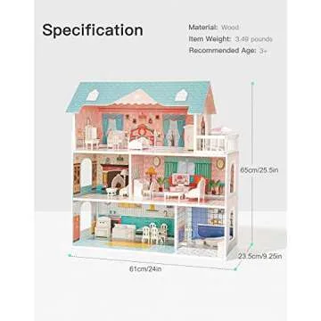 ROBOTIME Doll House Wooden Dollhouse for Kids 3 4 5 6 Years Old, Doll House w/28PCS Furniture Plastic, for 3.3”Dolls, Birthday Presents for Toddler 3+