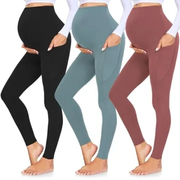 GROTEEN 3 Pack Women's Maternity Leggings Over The Belly with Pockets Super Soft Workout Pregnancy Y...