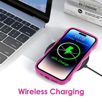 Anuck for iPhone 14 Pro Max Case Wave, Curly Frame Design for Women Girls, Cute Wavy Solid Color Aesthetic Phone Case Soft Flexible TPU Shockproof Full-Body Protective Cover 6.7" - Rose Red