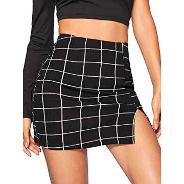 Floerns Women's Casual Split Hem High Waisted Mini Bodycon Plaid Skirt A Black S