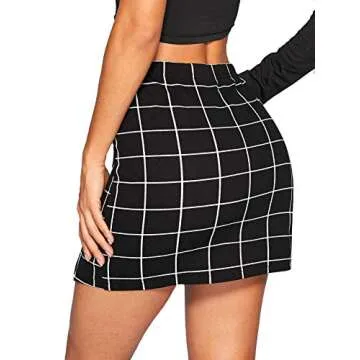 Floerns Women's Casual Split Hem High Waisted Mini Bodycon Plaid Skirt A Black S