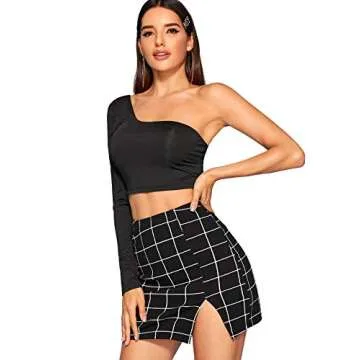 Floerns Women's Casual Split Hem High Waisted Mini Bodycon Plaid Skirt A Black S