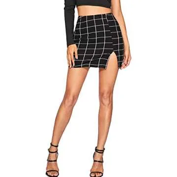 Floerns Women's Casual Split Hem High Waisted Mini Bodycon Plaid Skirt A Black S