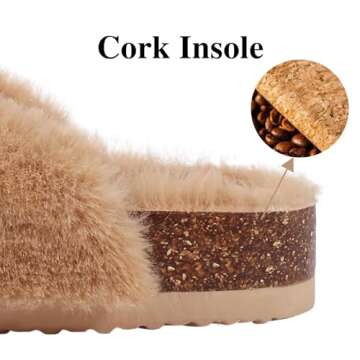 KIDMI Fuzzy Slippers Women with Cork Footbed Fluffy Slides Open Toe Indoor House Shoes | Arch Support | Adjustable Buckles, Khaki 9