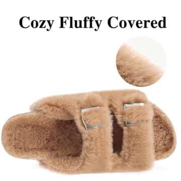 KIDMI Fuzzy Slippers Women with Cork Footbed Fluffy Slides Open Toe Indoor House Shoes | Arch Support | Adjustable Buckles, Khaki 9