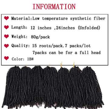 7 Packs Spring Twist Braiding Hair Spring Twists Bomb Twist Hair Synthetic Fiber Fluffy Twist Crochet Braids Low Temperature Fiber Crochet Hair for Women Braiding Hair(12inch,1B)