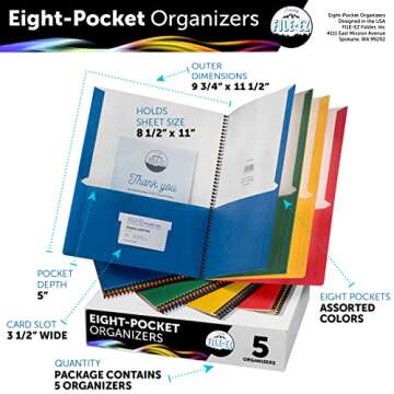 FILE-EZ 8-Pocket Folder Organizers, Assorted Colors, Durable & Functional