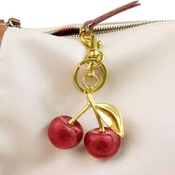 Quadafy 18K Gold Plated Cherry Keychain, Cherry Purse Charm Made of Metal Hardware and Glittering Re...