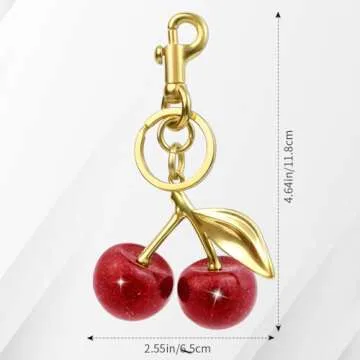 Quadafy 18K Gold Plated Cherry Keychain, Cherry Purse Charm Made of Metal Hardware and Glittering Resin, Cherry Charm, for Purse Charms, Handbag, Birthdays, Women's Gifts
