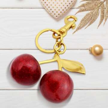 Quadafy 18K Gold Plated Cherry Keychain, Cherry Purse Charm Made of Metal Hardware and Glittering Resin, Cherry Charm, for Purse Charms, Handbag, Birthdays, Women's Gifts