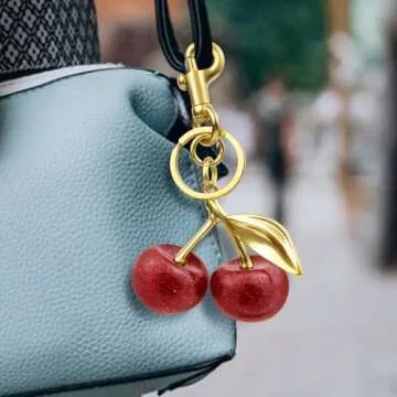 Quadafy 18K Gold Plated Cherry Keychain, Cherry Purse Charm Made of Metal Hardware and Glittering Resin, Cherry Charm, for Purse Charms, Handbag, Birthdays, Women's Gifts