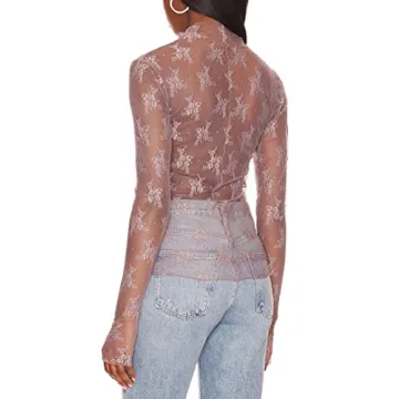 Ugerlov Floral Lace Mesh Top Women's Sheer Long Sleeve Blouse
