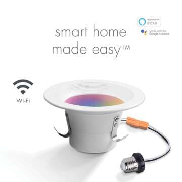 Globe Electric 50078 Wi-Fi Smart 4" LED Retrofit Recessed Light, No Hub Required, Voice Activated, 10 W, Multicolor Changing RGB, White 2000K - 5000K, 600 Lumens, GU10 and E26 Adaptors Included