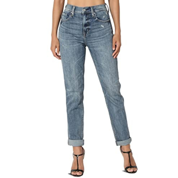 TheMogan Women's Recycled Denim Worn Blue Wash High Rise Relaxed Boyfriend Jeans Dark 5