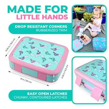 Kinsho Bento Lunch Box for Kids, 5 Sections, Aqua Cat Mermaid
